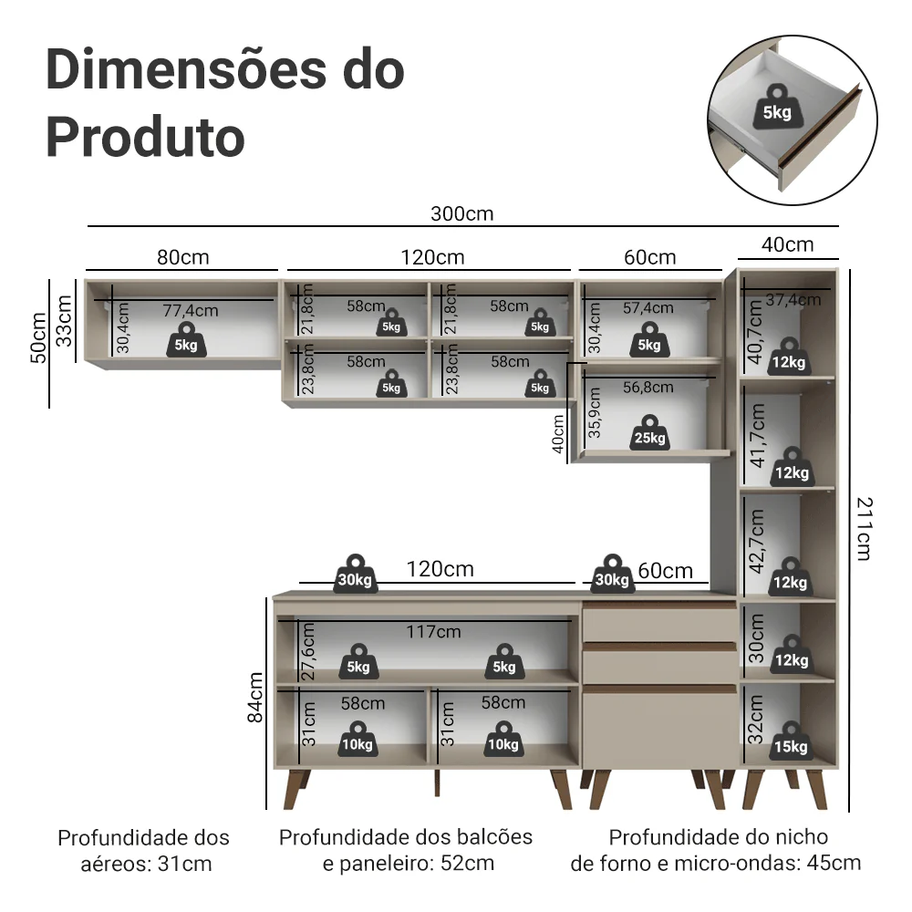 Armário de Cozinha Completa 300cm Crema Nice Madesa 05 - Image 3