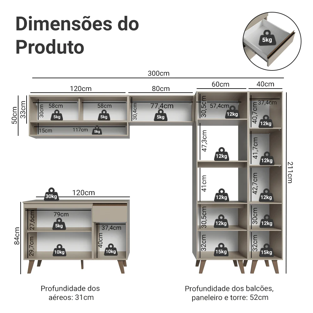 Armário de Cozinha Completa 300cm Crema Nice Madesa 08 - Image 3