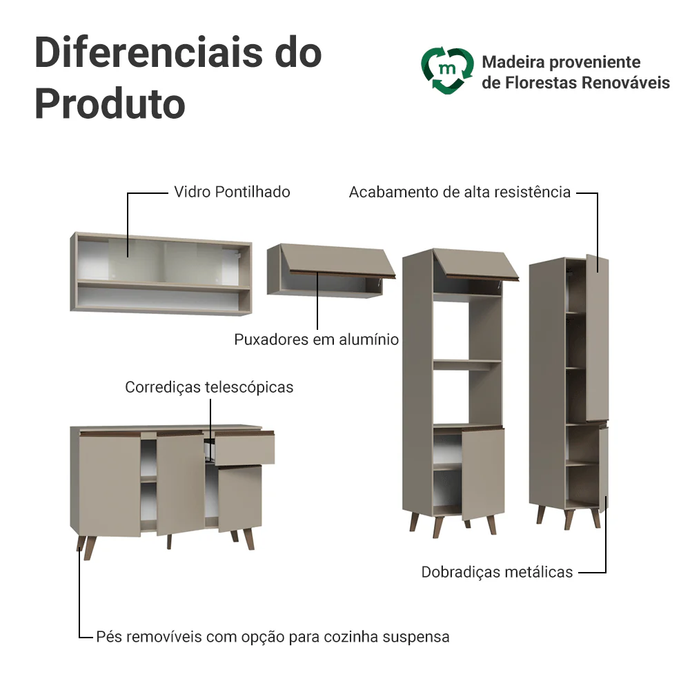Armário de Cozinha Completa 300cm Crema Nice Madesa 08 - Image 4
