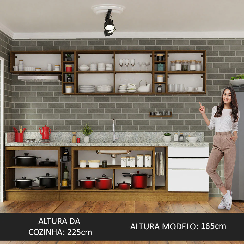 Armário de Cozinha Completa 300 x 60 cm Rustic/Branco Veludo Lux da Sabrina Madesa - Image 9