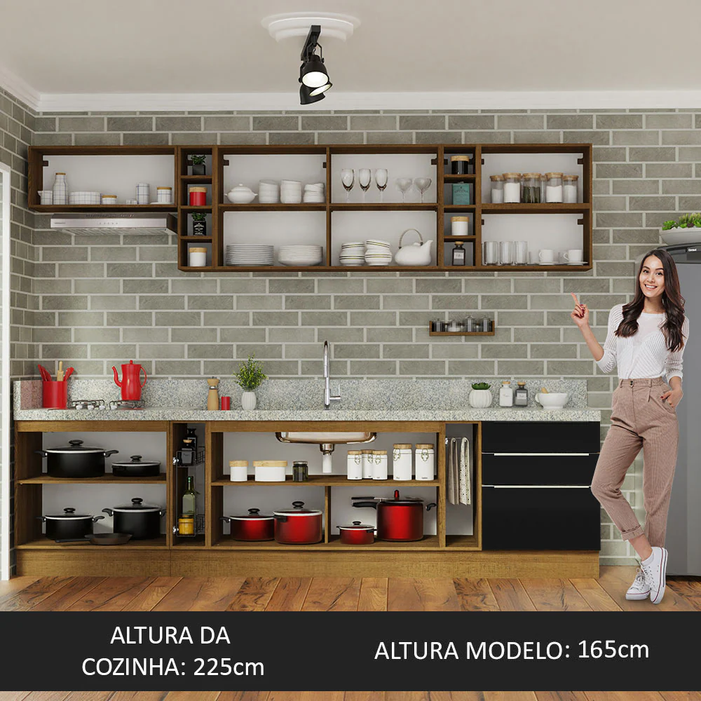 Armário de Cozinha Completa 300 x 60 cm Rustic/Preto Lux da Sabrina Madesa - Image 10