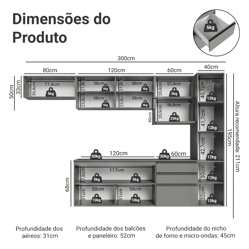 Armário de Cozinha Completa 300cm Suspensa Cinza Nice Madesa 10 - Image 3