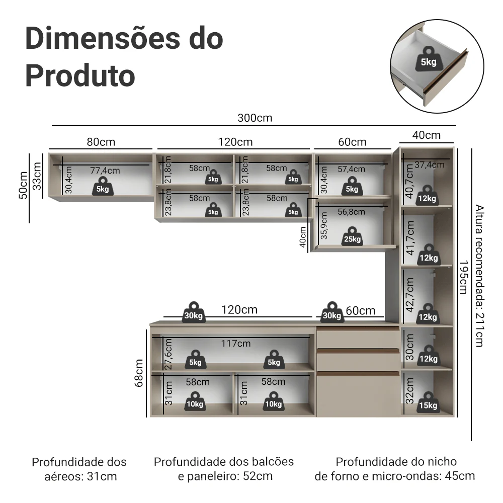 Armário de Cozinha Completa 300cm Suspensa Crema Nice Madesa 10 - Image 3
