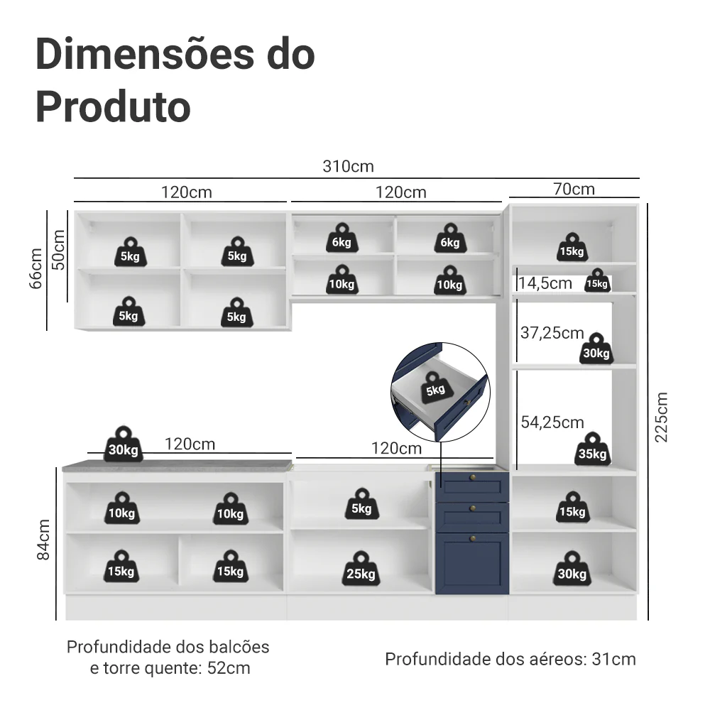 Armário de Cozinha Completa 310 cm Branco/Azul Vik Madesa 01 - Image 3