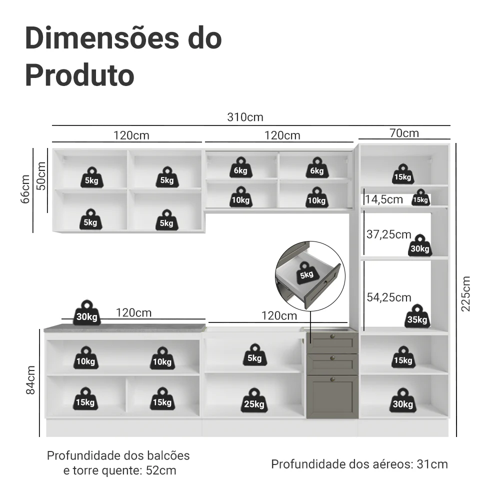 Armário de Cozinha Completa 310 cm Branco/Cinza Vik Madesa 01 - Image 3