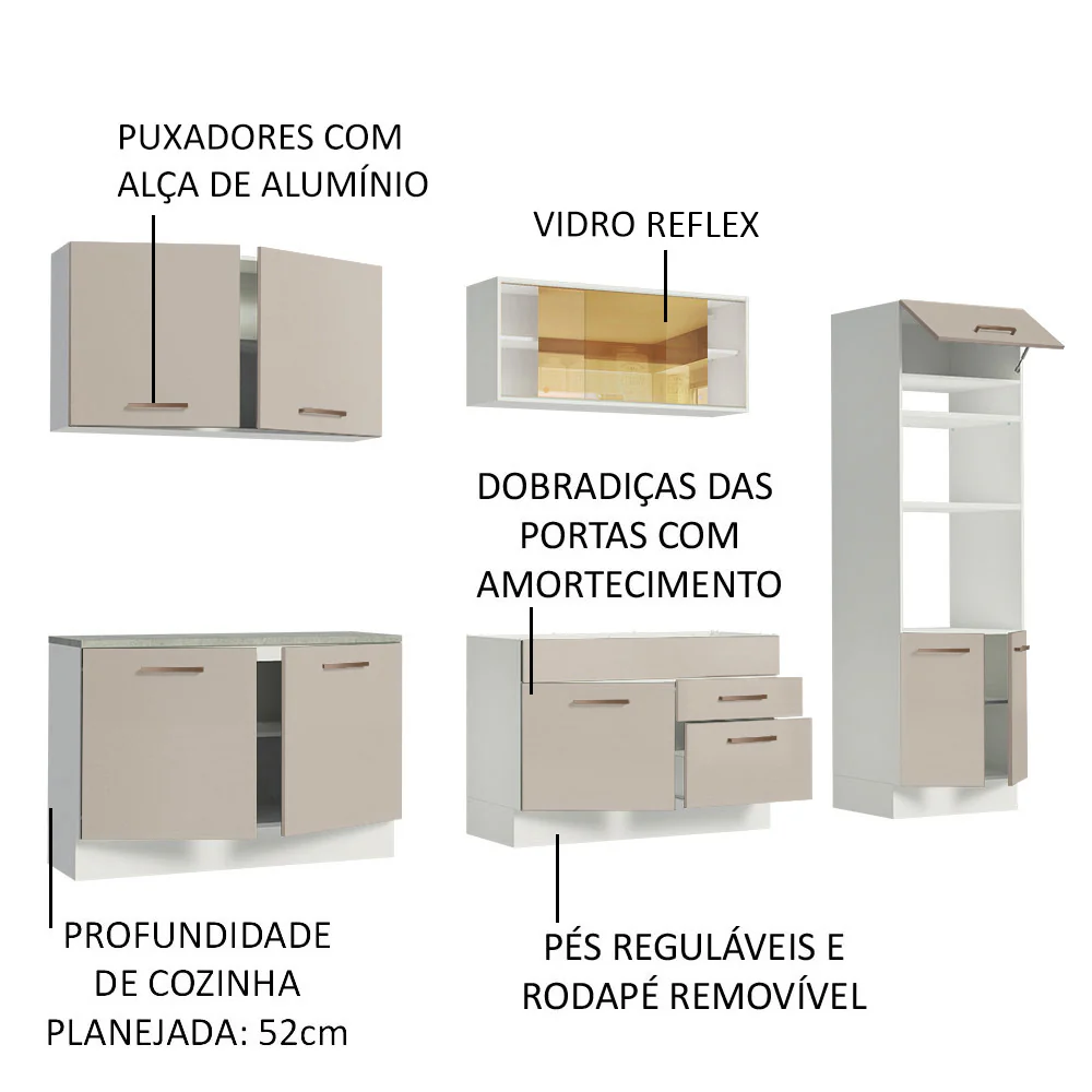 Armário de Cozinha Completa 310 cm Branco/Crema Agata Madesa 01 - Image 4