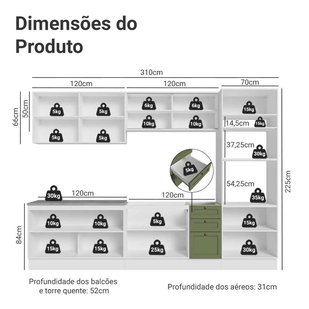 Armário de Cozinha Completa 310 cm Branco/Verde Vik Madesa 01 - Image 3