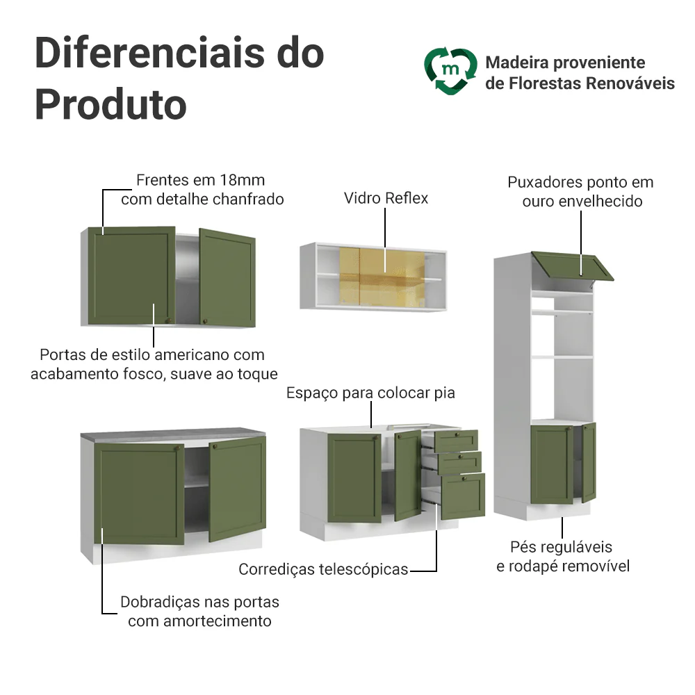 Armário de Cozinha Completa 310 cm Branco/Verde Vik Madesa 01 - Image 4