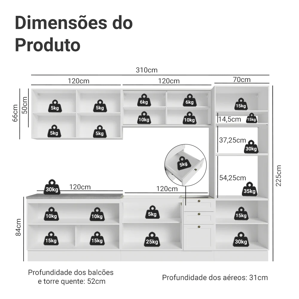 Armário de Cozinha Completa 310 cm Branco Vik Madesa 01 - Image 3