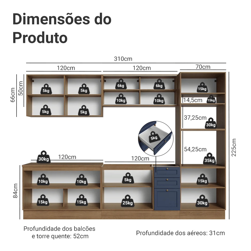 Armário de Cozinha Completa 310 cm Rustic/Azul Vik Madesa 01 - Image 3