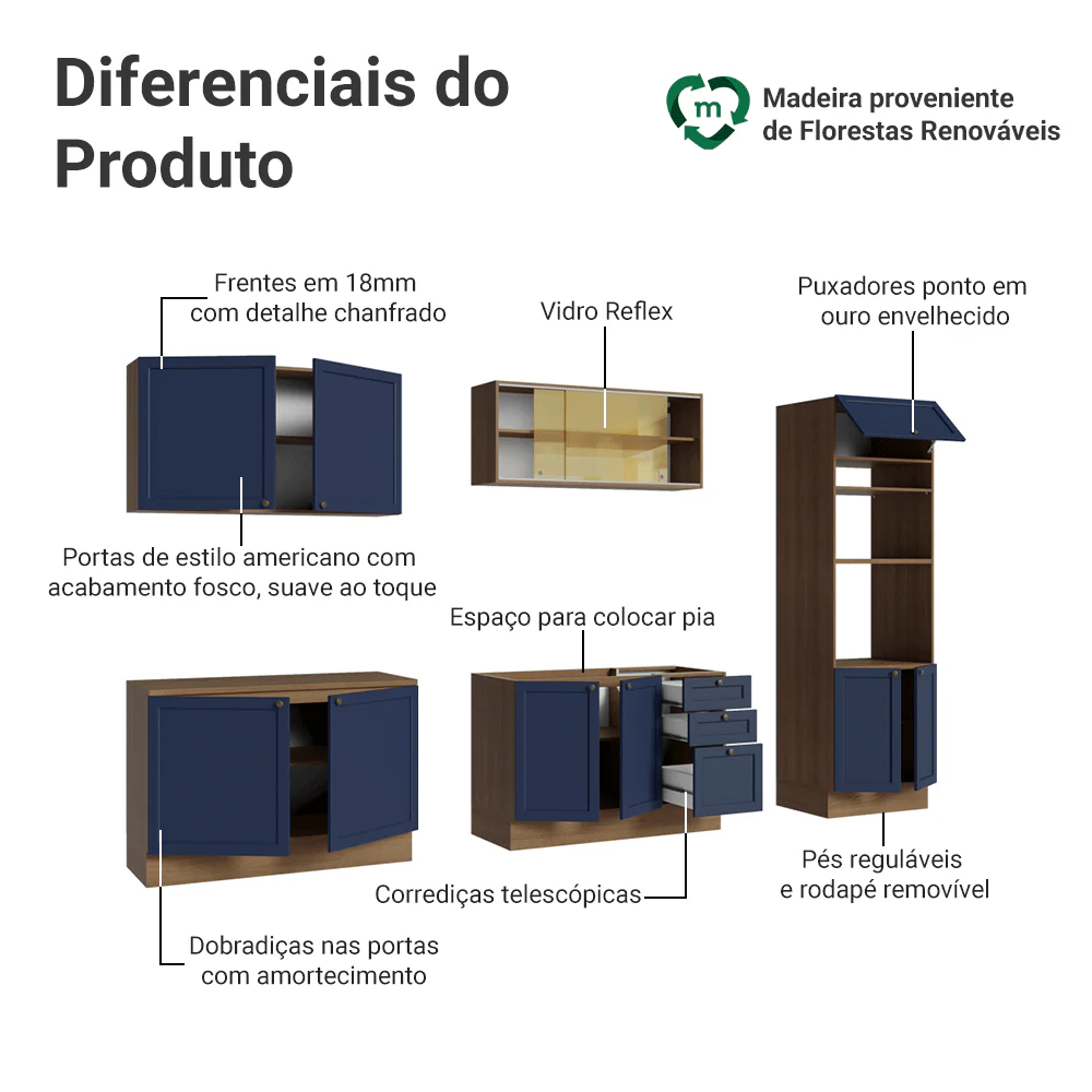 Armário de Cozinha Completa 310 cm Rustic/Azul Vik Madesa 01 - Image 4