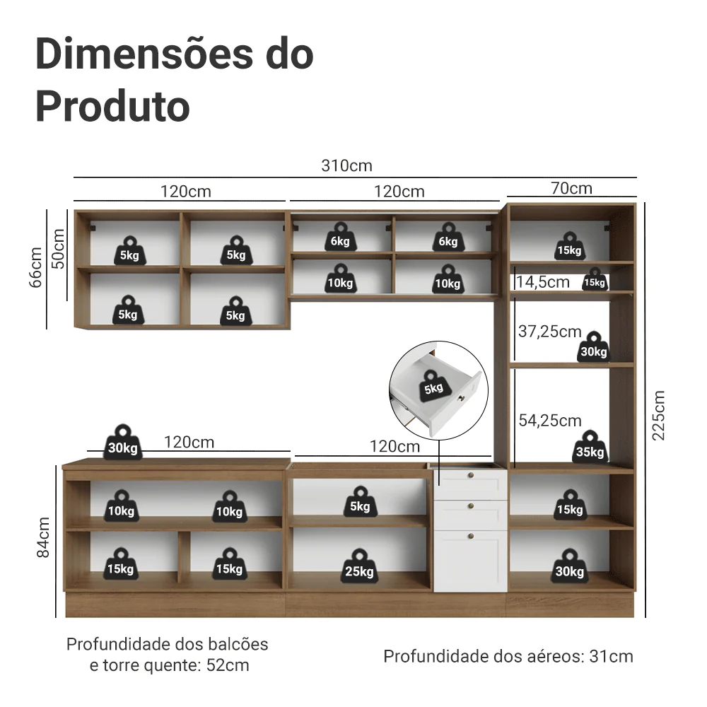 Armário de Cozinha Completa 310 cm Rustic/Branco Vik Madesa 01 - Image 3