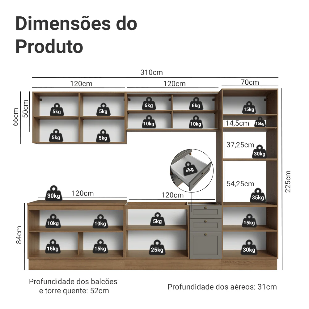 Armário de Cozinha Completa 310 cm Rustic/Cinza Vik Madesa 01 - Image 3