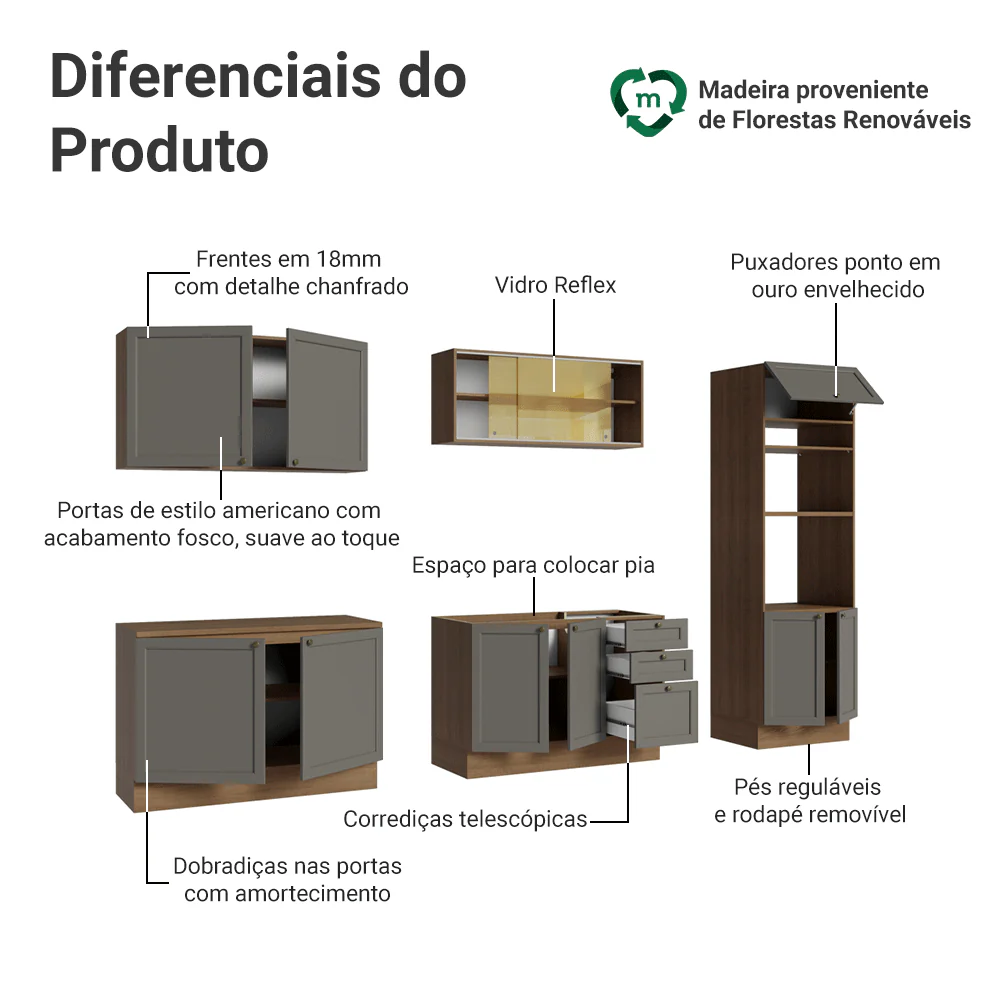 Armário de Cozinha Completa 310 cm Rustic/Cinza Vik Madesa 01 - Image 4