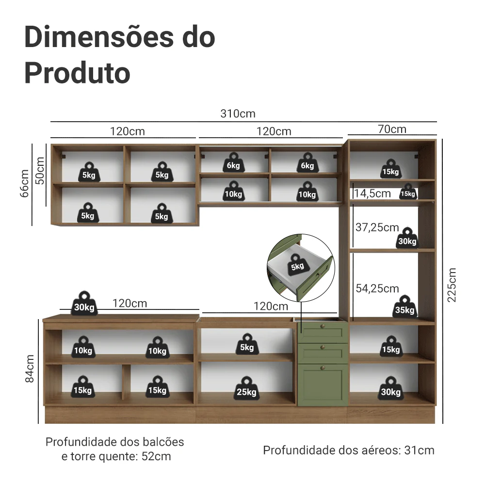 Armário de Cozinha Completa 310 cm Rustic/Verde Vik Madesa 01 - Image 3