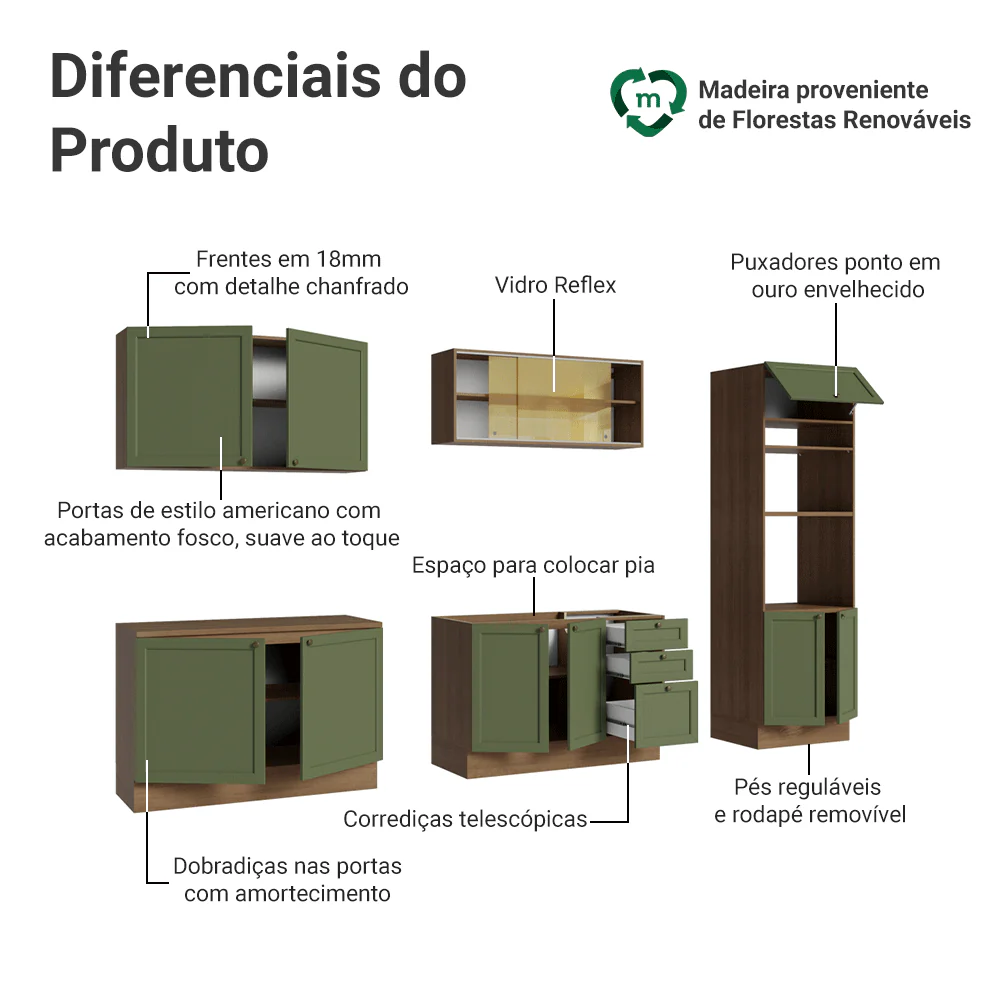 Armário de Cozinha Completa 310 cm Rustic/Verde Vik Madesa 01 - Image 4