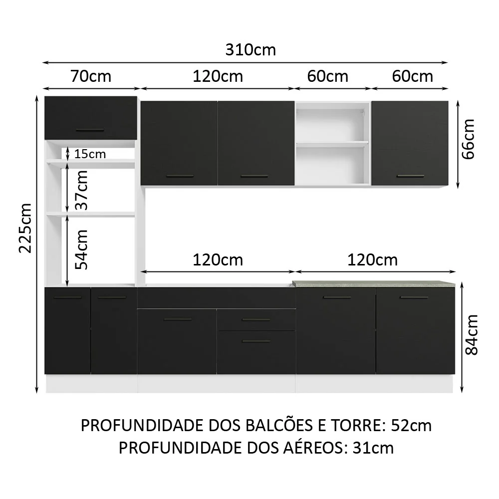 Armário de Cozinha Completa 310cm Branco/Preto Agata Madesa 02 - Image 3