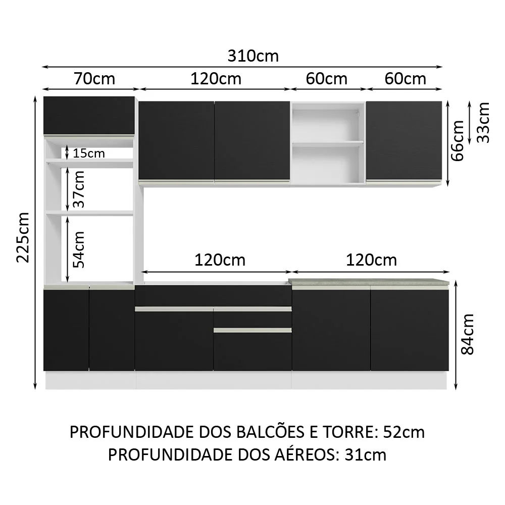 Armário de Cozinha Completa 310cm Branco/Preto Glamy Madesa 02 - Image 3