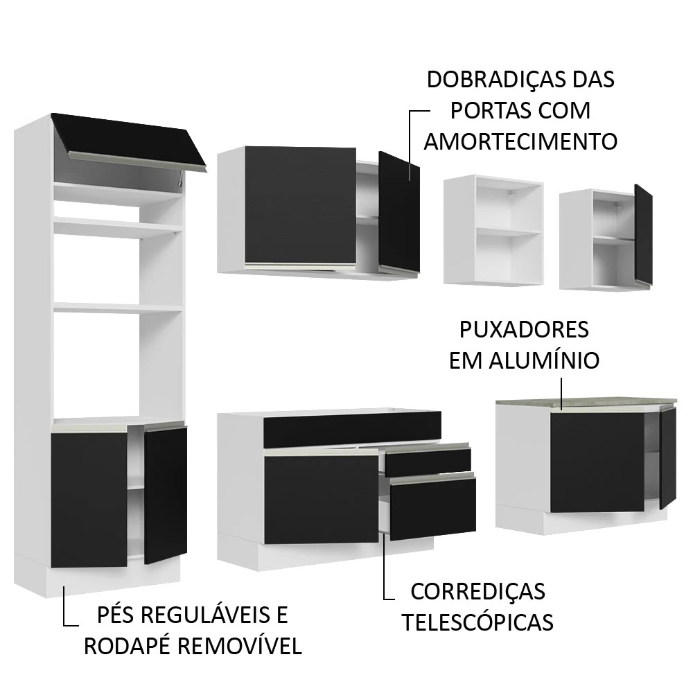 Armário de Cozinha Completa 310cm Branco/Preto Glamy Madesa 02 - Image 4