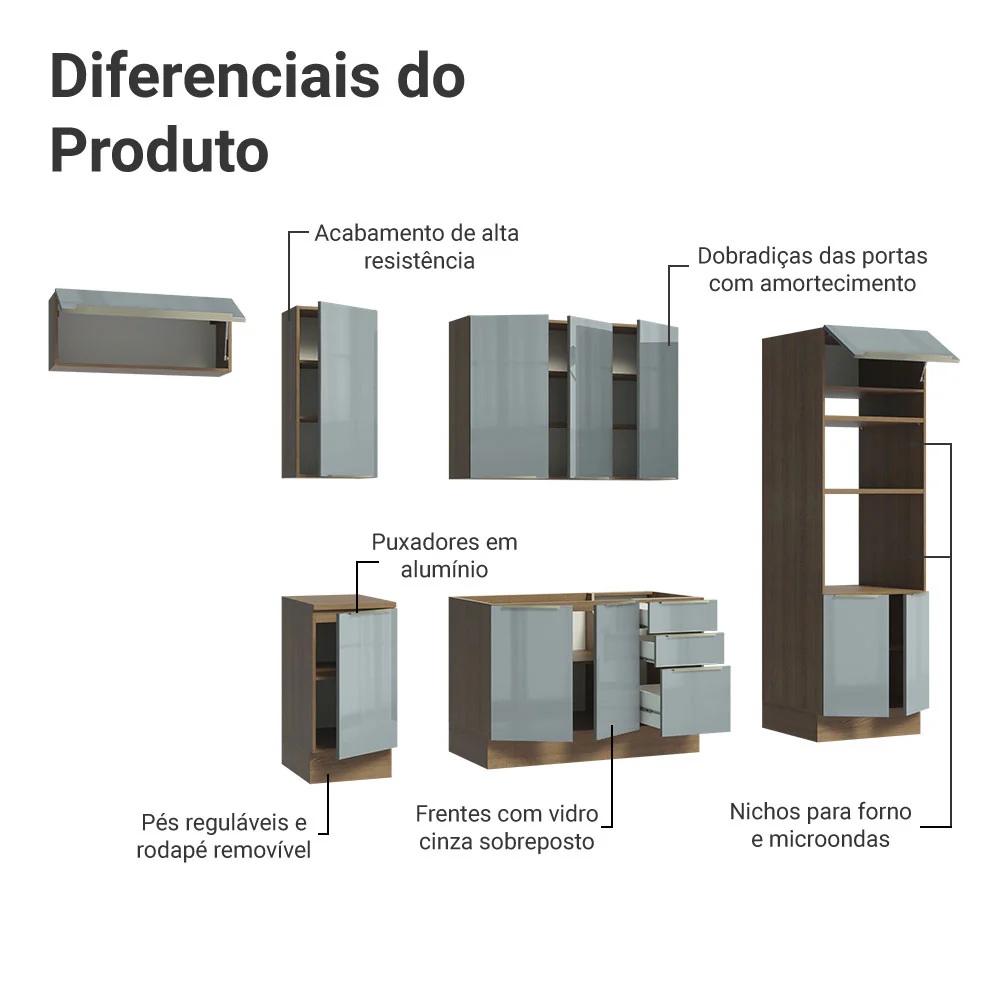 Armário de Cozinha Completa 310 x 60 cm Rustic/Cinza Lux Madesa 01 - Image 4