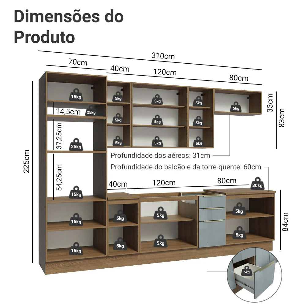 Armário de Cozinha Completa 310 x 60 cm Rustic/Cinza Lux Madesa 02 - Image 3