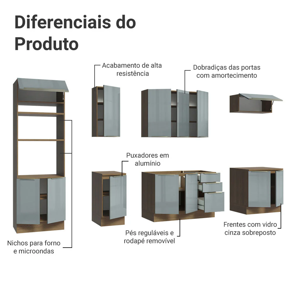 Armário de Cozinha Completa 310 x 60 cm Rustic/Cinza Lux Madesa 02 - Image 4