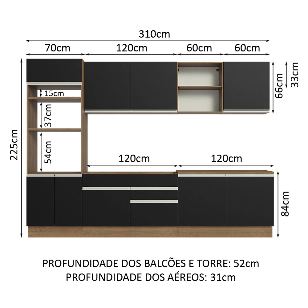 Armário de Cozinha Completa 310cm Rustic/Preto Glamy Madesa 02 - Image 3