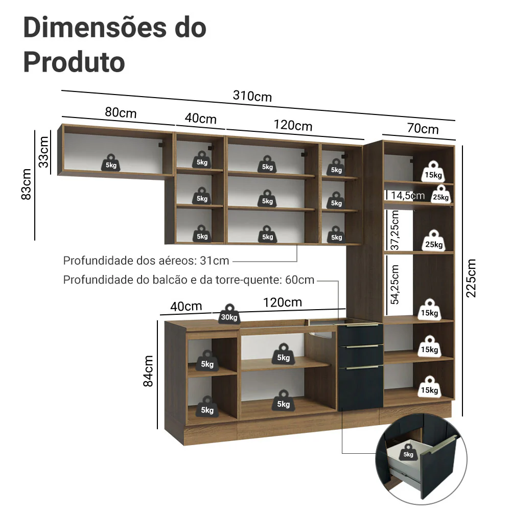 Armário de Cozinha Completa 310 x 60 cm Rustic/Preto Lux Madesa 01 - Image 3