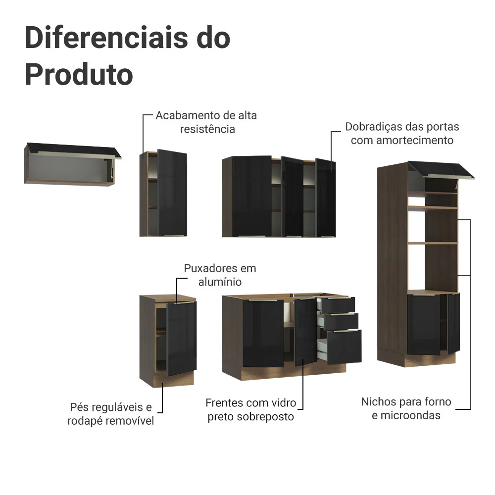 Armário de Cozinha Completa 310 x 60 cm Rustic/Preto Lux Madesa 01 - Image 4