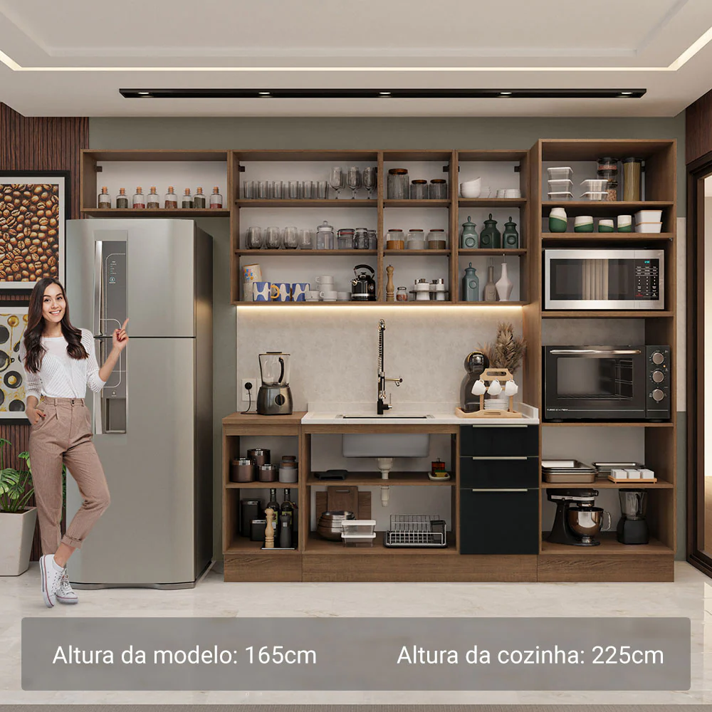 Armário de Cozinha Completa 310 x 60 cm Rustic/Preto Lux Madesa 01 - Image 5