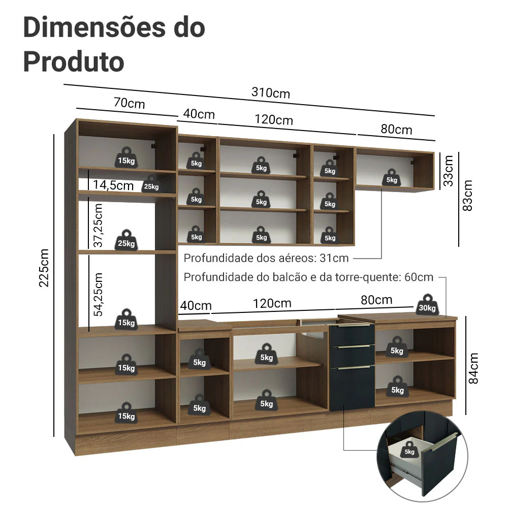Armário de Cozinha Completa 310 x 60 cm Rustic/Preto Lux Madesa 02 - Image 3