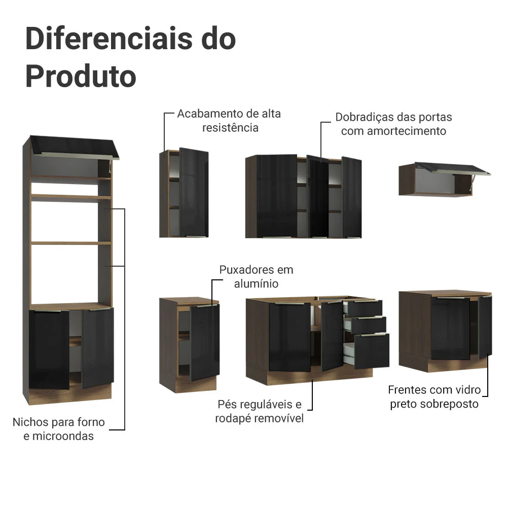 Armário de Cozinha Completa 310 x 60 cm Rustic/Preto Lux Madesa 02 - Image 4