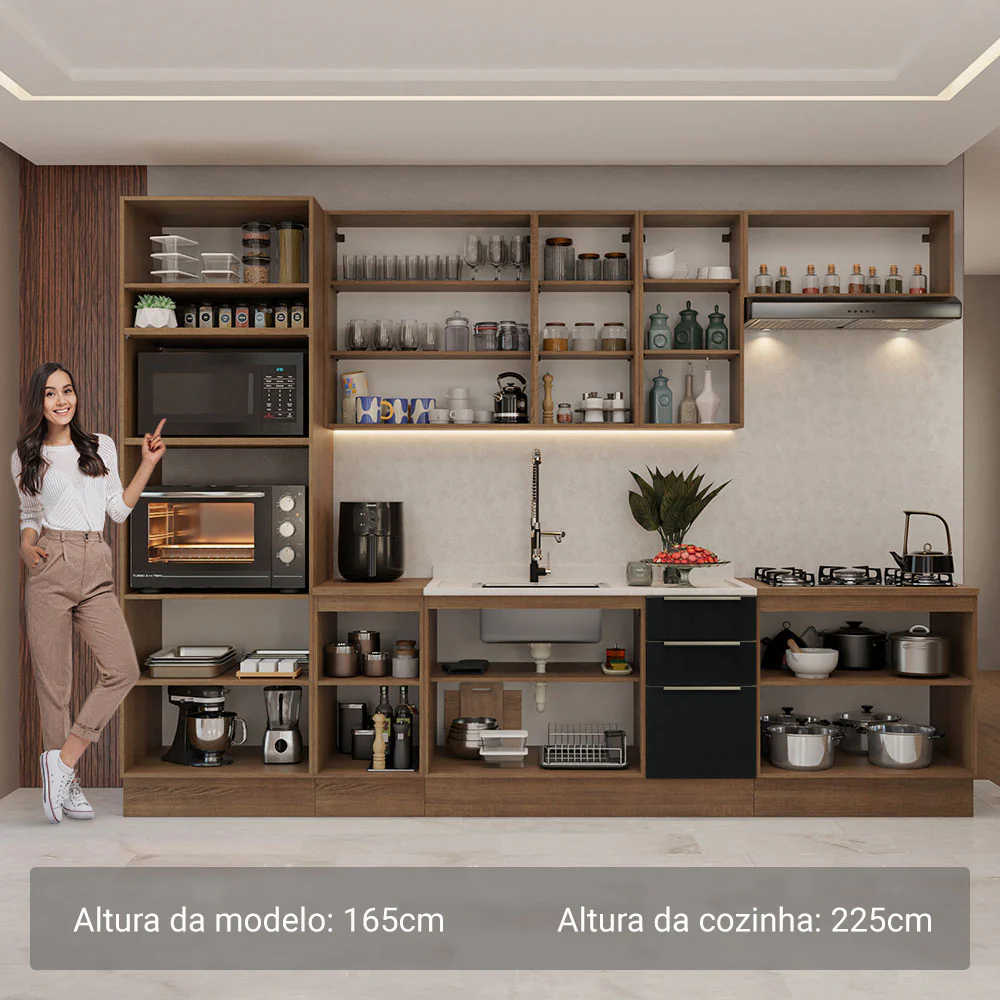 Armário de Cozinha Completa 310 x 60 cm Rustic/Preto Lux Madesa 02 - Image 5