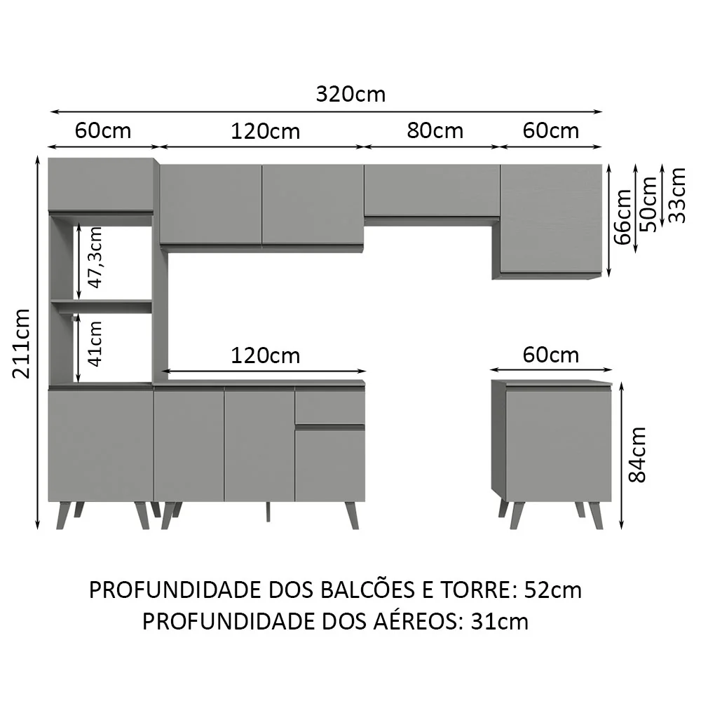 Armário de Cozinha Completa 320cm Cinza Nice Madesa 01 - Image 3