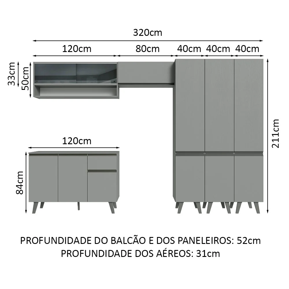 Armário de Cozinha Completa 320cm Cinza Nice Madesa 02 - Image 3
