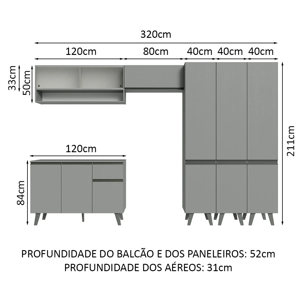 Armário de Cozinha Completa 320cm Cinza Nice Madesa 03 - Image 3