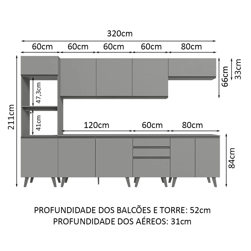 Armário de Cozinha Completa 320cm Cinza Nice Madesa 06 - Image 3