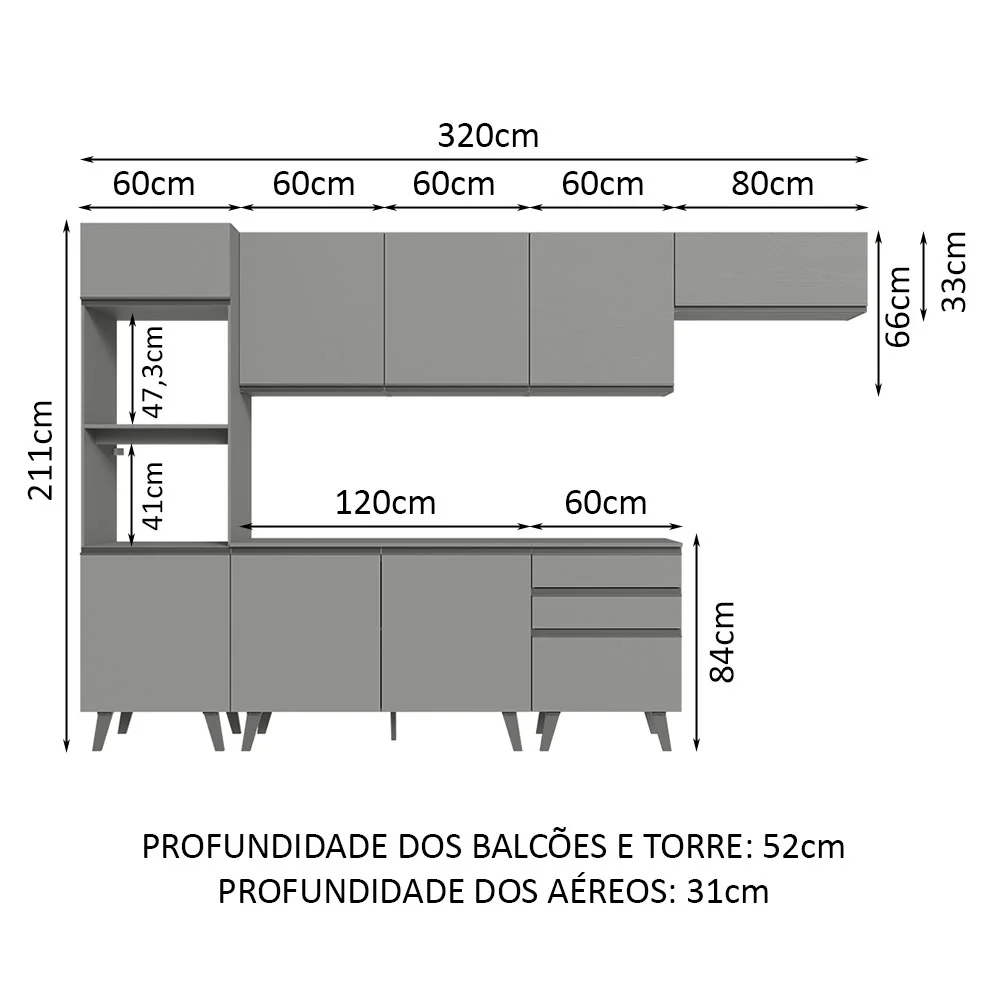 Armário de Cozinha Completa 320cm Cinza Nice Madesa 08 - Image 3