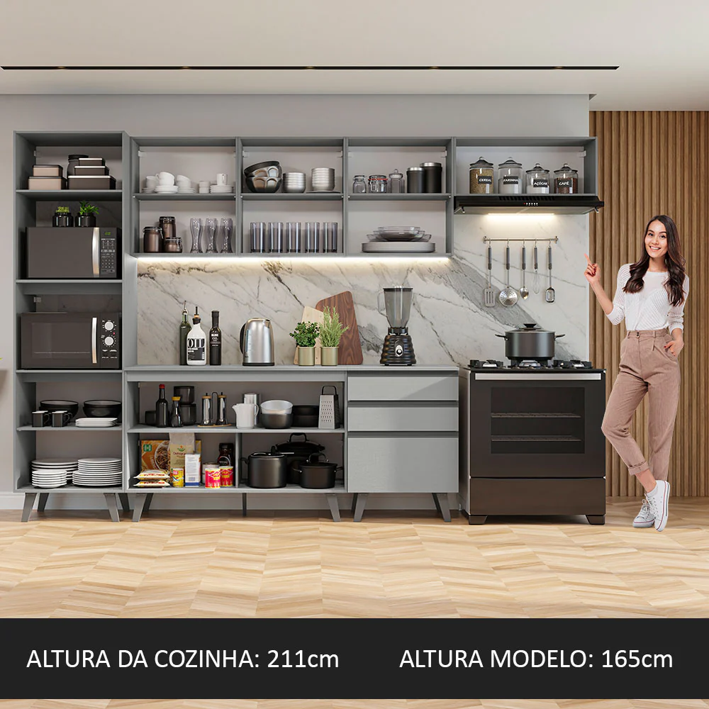 Armário de Cozinha Completa 320cm Cinza Nice Madesa 08 - Image 5