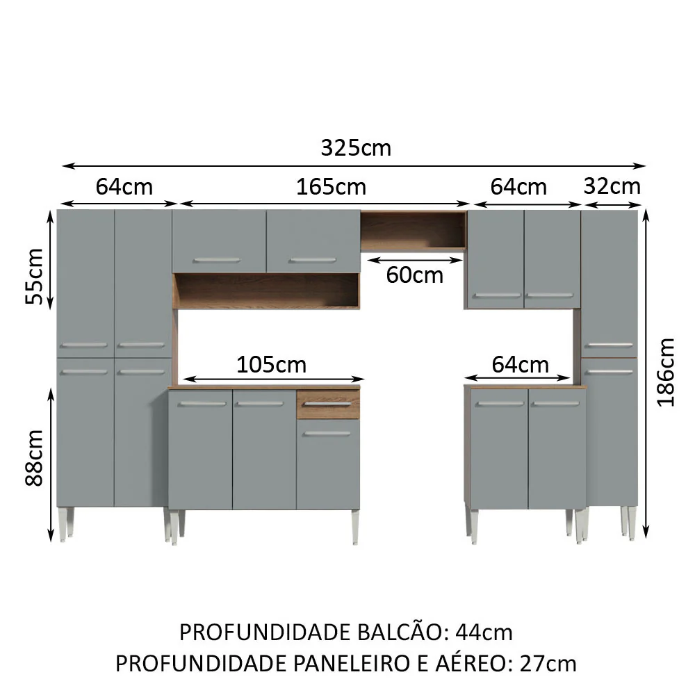 Armário de Cozinha Completa 325cm Cinza/Rustic Emilly Joy Madesa 01 - Image 3