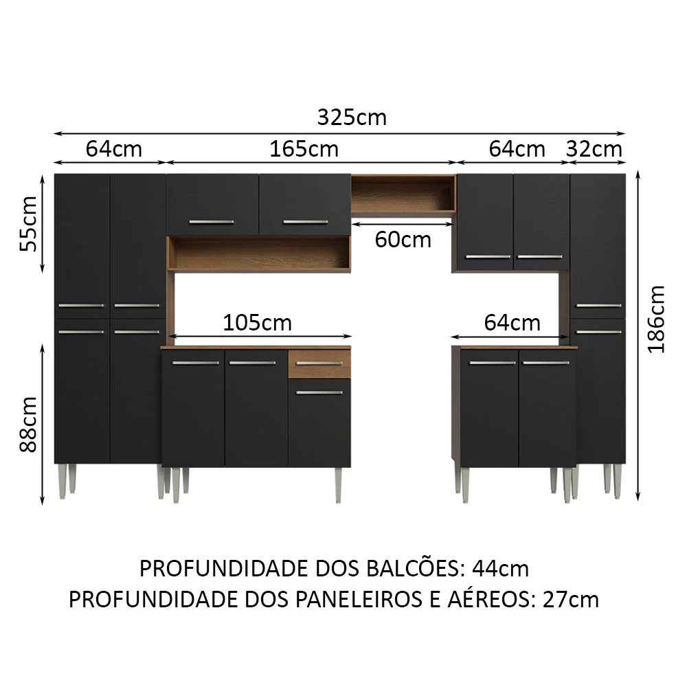 Armário de Cozinha Completa 325cm Preto/Rustic Emilly Joy Madesa - Image 3