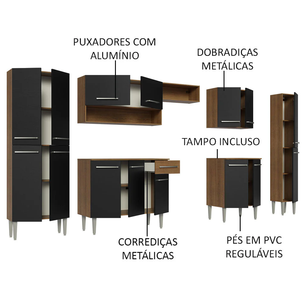Armário de Cozinha Completa 325cm Preto/Rustic Emilly Joy Madesa - Image 4