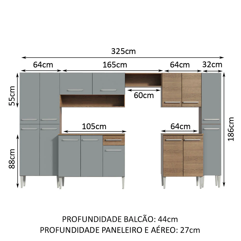 Armário de Cozinha Completa 325cm Rustic/Cinza Emilly Joy Madesa - Image 3