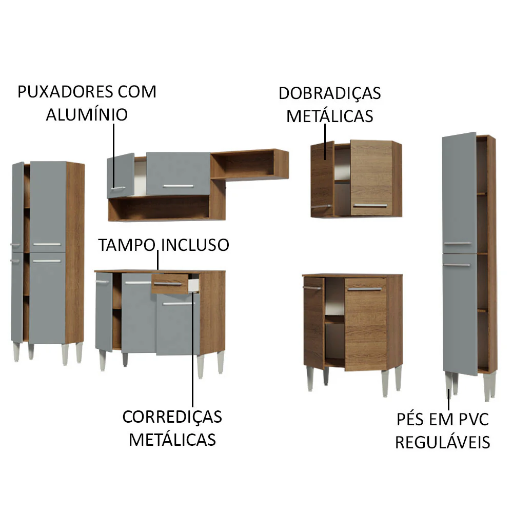 Armário de Cozinha Completa 325cm Rustic/Cinza Emilly Joy Madesa - Image 4