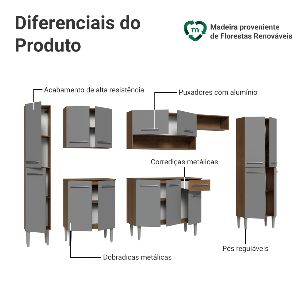 Armário de Cozinha Completa 325cm Rustic/Cinza Emilly Madesa 07 - Image 4