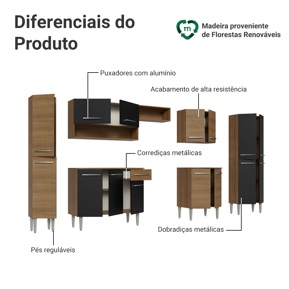 Armário de Cozinha Completa 325cm Rustic/Preto Emilly Madesa 02 - Image 4