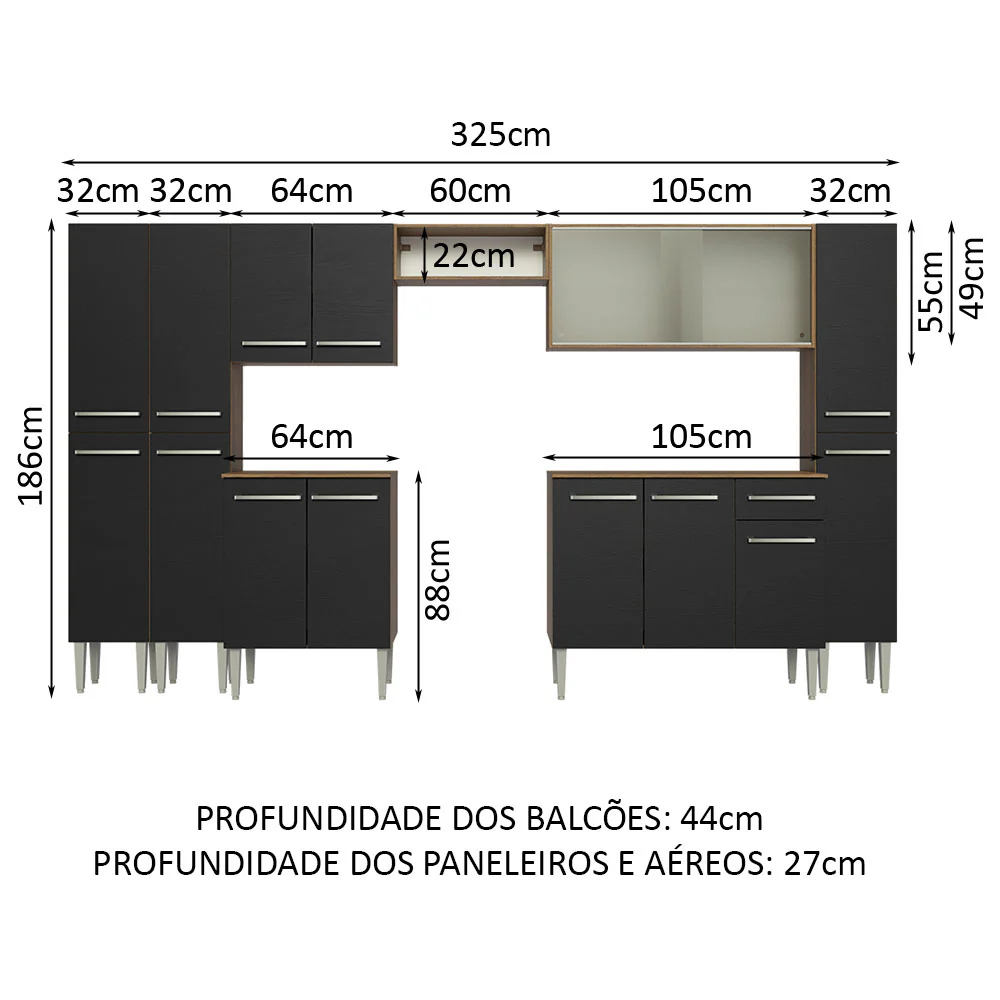 Armário de Cozinha Completa 325cm Rustic/Preto Emilly Madesa 03 - Image 3