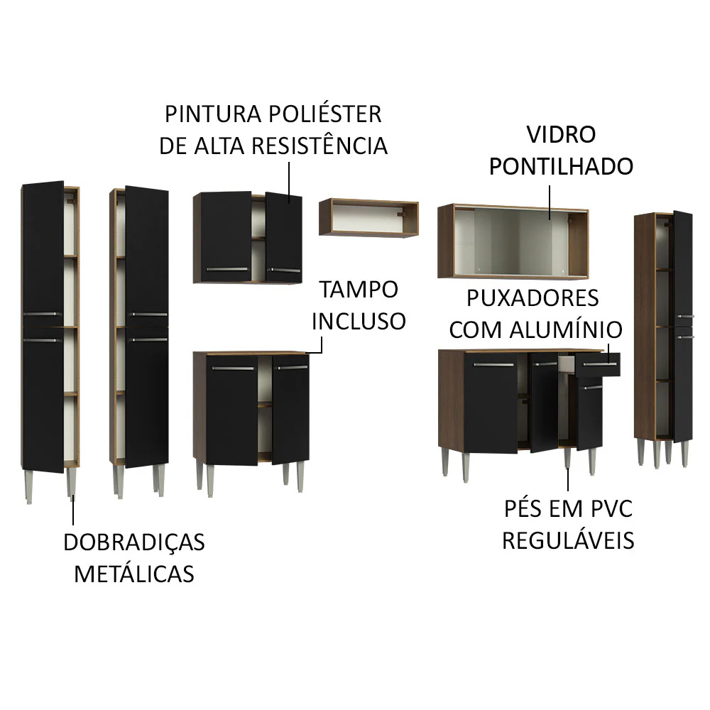 Armário de Cozinha Completa 325cm Rustic/Preto Emilly Madesa 03 - Image 4