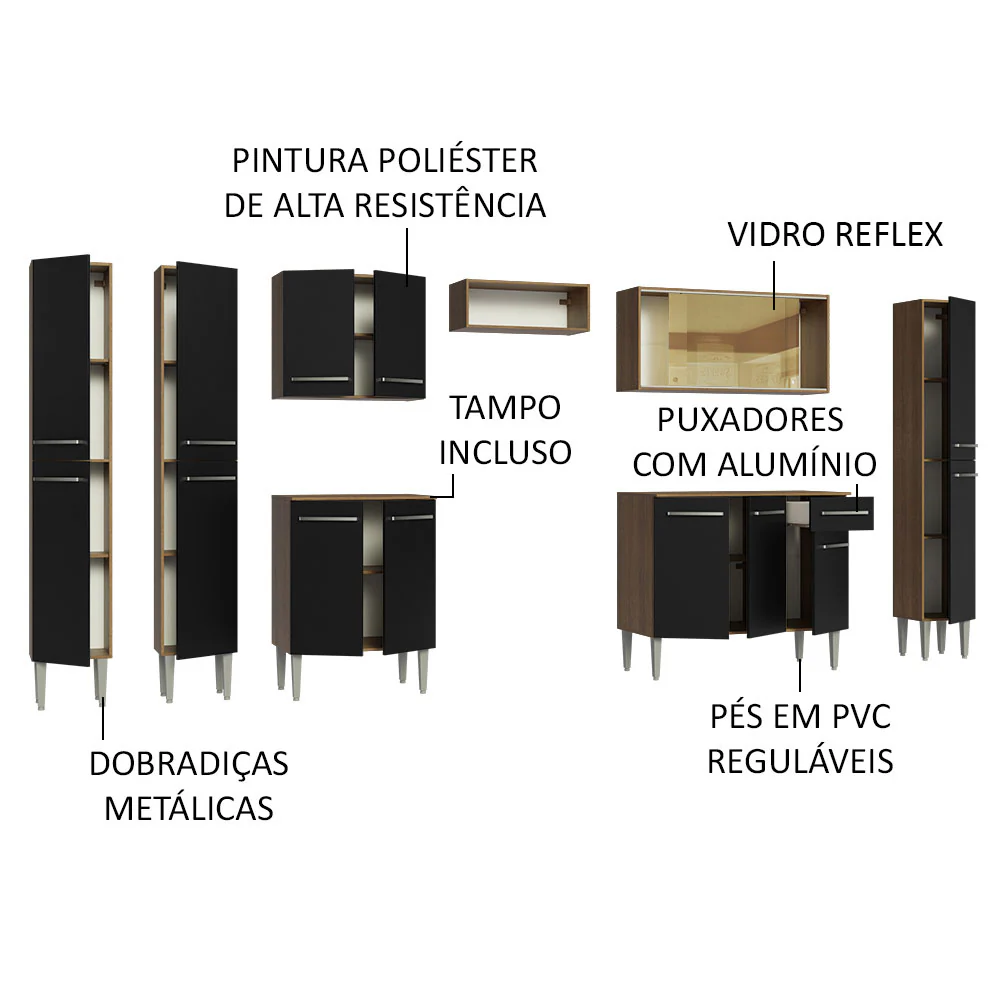 Armário de Cozinha Completa 325cm Rustic/Preto Emilly Madesa 04 - Image 4