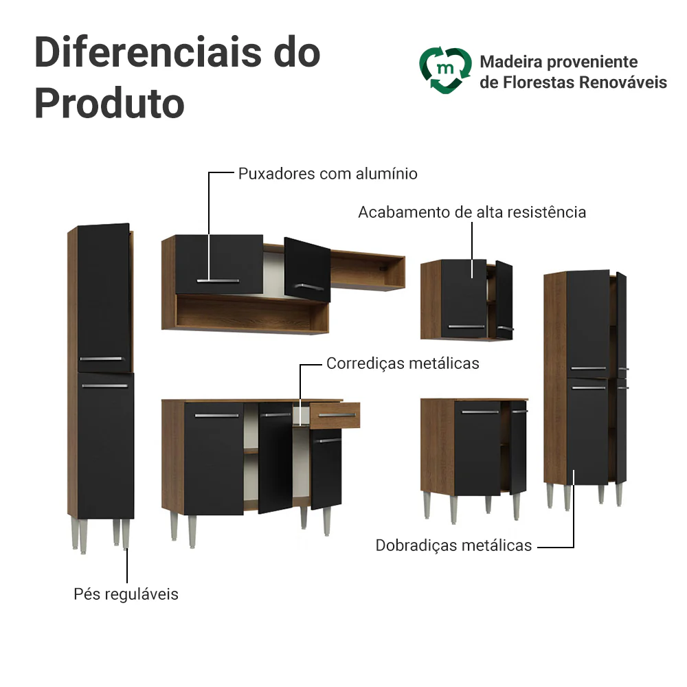 Armário de Cozinha Completa 325cm Rustic/Preto/Rustic Emilly Madesa 02 - Image 4